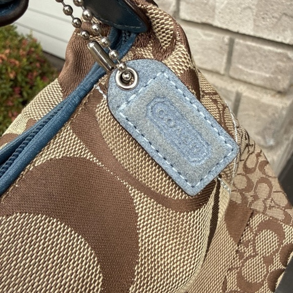 Vintage Brown Blue Coach Patchwork Logo Canvas Mini Handbag Suede Details Y2K - Picture 7 of 13